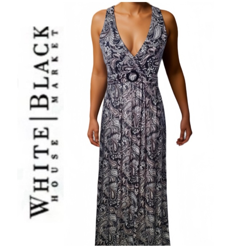 WHBM White‎ House Black Market Plunge Halter Neckline Paisley Maxi Dress Sz XS